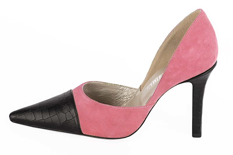 Satin black and carnation pink women's open arch dress pumps. Pointed toe. Very high slim heel. Profile view - Florence KOOIJMAN